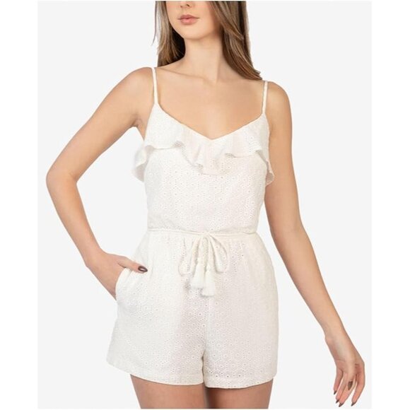 B DARLIN Womens White Eyelet Spaghetti Strap Jumpsuit, Slip-on Style, Adjustable - Picture 3 of 3